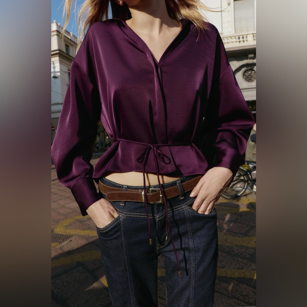 ZARA Satin belted blouse M NWT, Eggplant